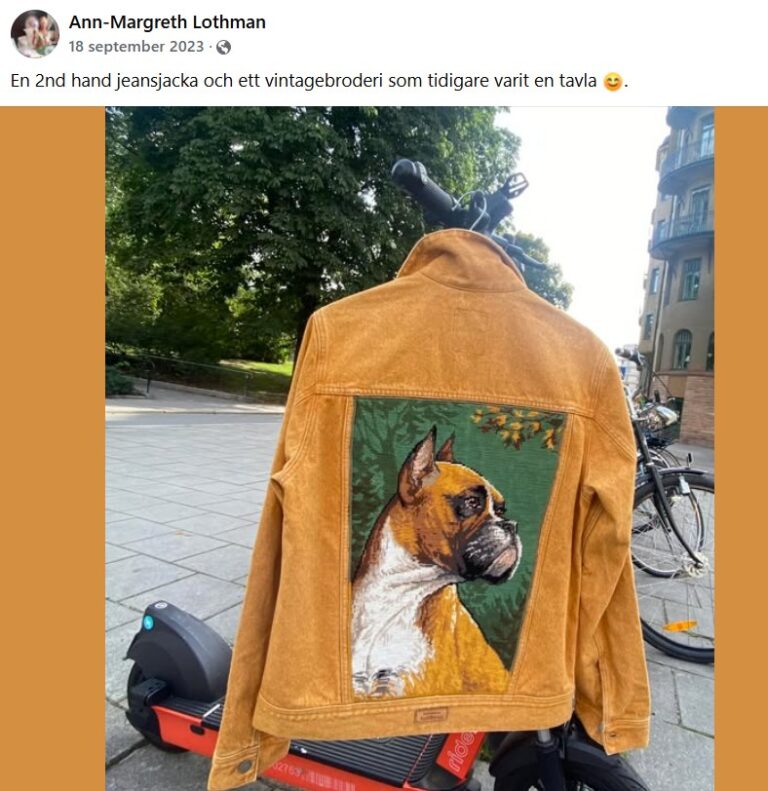 Stramaljbroderi dekorerar ryggen på en jacka